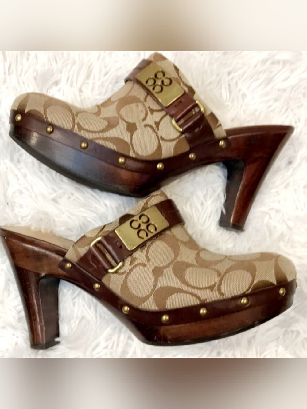 Coach Designer Ivy Vintage Studded Signature C Monogram Canvas Clog Mules Heel 7 - Picture 1 of 11